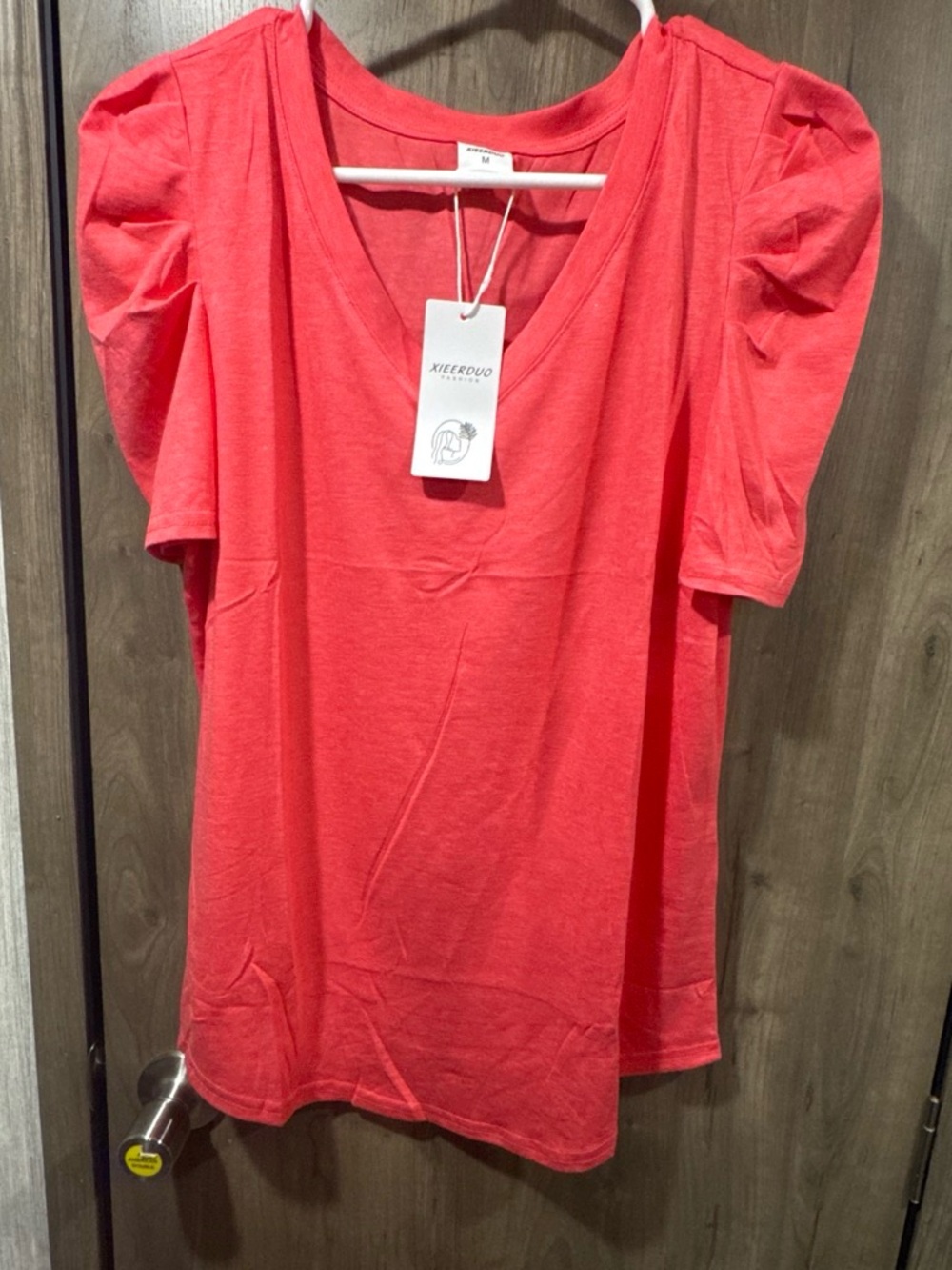 Coral Puff-Sleeve V-Neck Tee